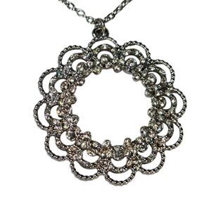LOFT Rhinestone Openwork Circle Pendant Necklace Silver Elegant Romantic